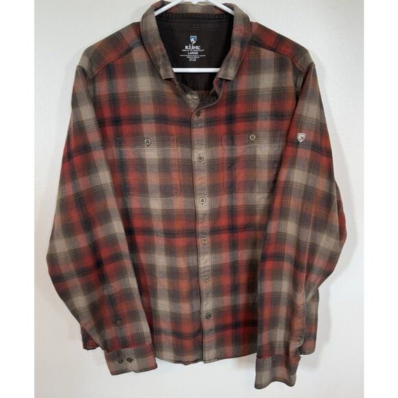 Kuhl Men's Size L Law Flannel Long Sleeve Shirt Brown Orange Cotton Tencel EUC * - Picture 1 of 14
